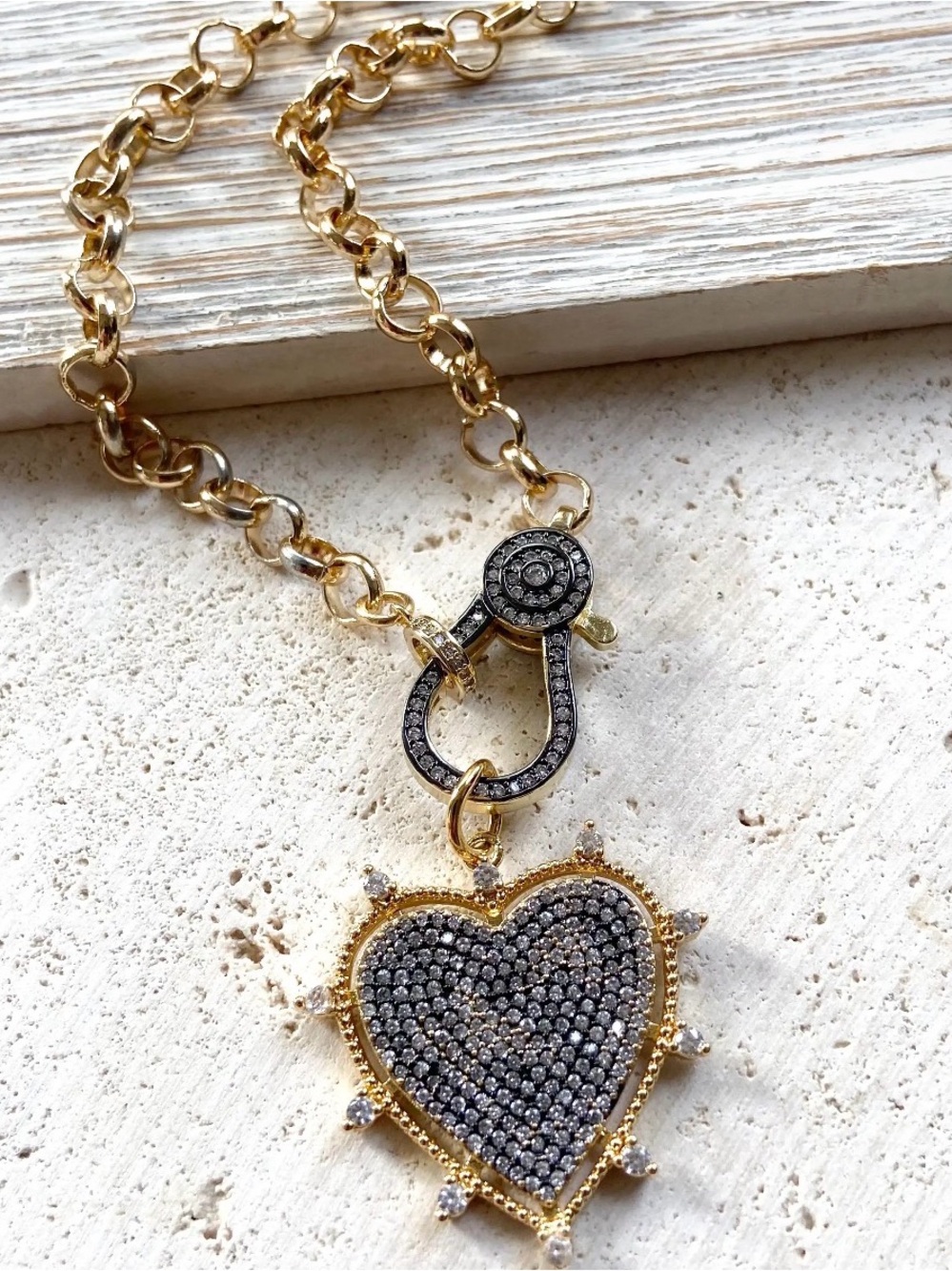 Two-Tone Heart Pendant Toggle Necklace with Black Crystal Pavé